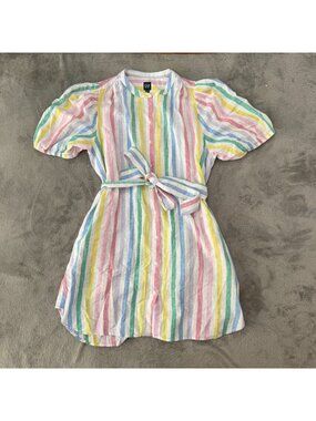 Gap Linen Cotton Puff Sleeve Mini Shirt Dress Pastel Rainbow XL Womens Buttons